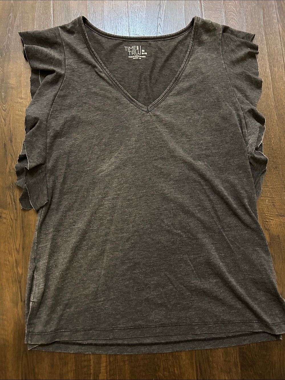 Time and Tru Charcoal V-Neck Tank with Ruffle Sleeves